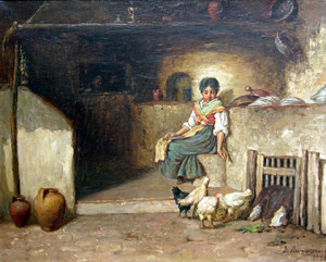 Girl with Chickens painting