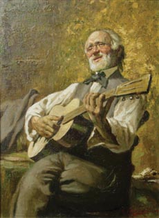Man in Brown Suit Playing Guitar painting