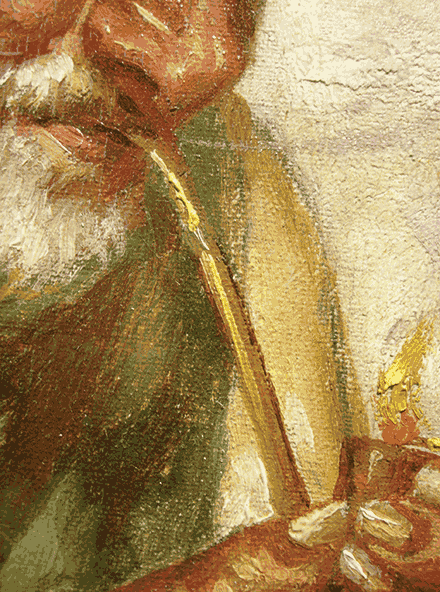 Man Lighting Pipe, signed, detail of edge of shoulder showing blue outline of under-drawing, collection of author