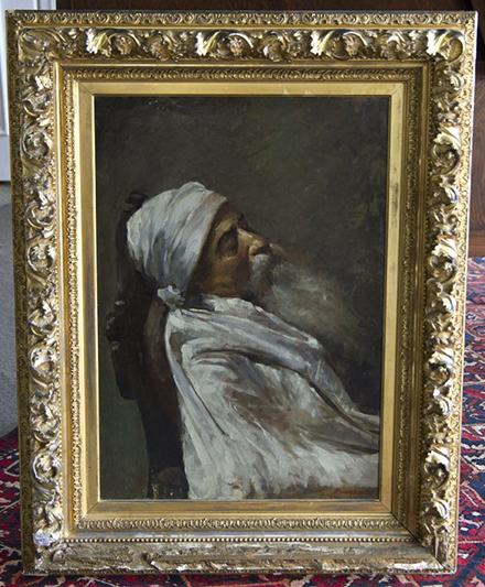 Painting in elaborate composition frame similar to Man Lighting Pipe, unsigned, collection of author