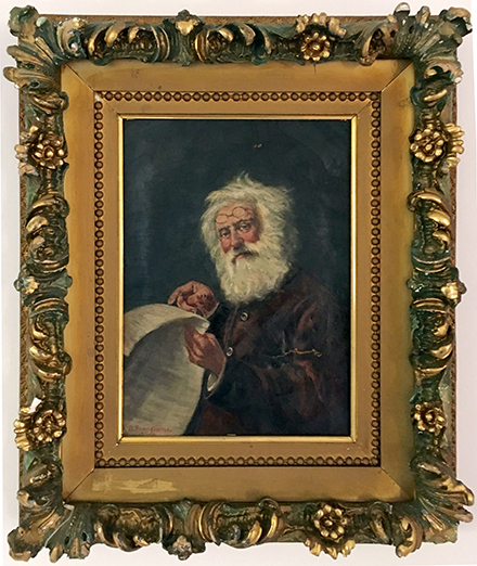 Painting in elaborate composition frame similar to Man Lighting Pipe, unsigned, collection of author